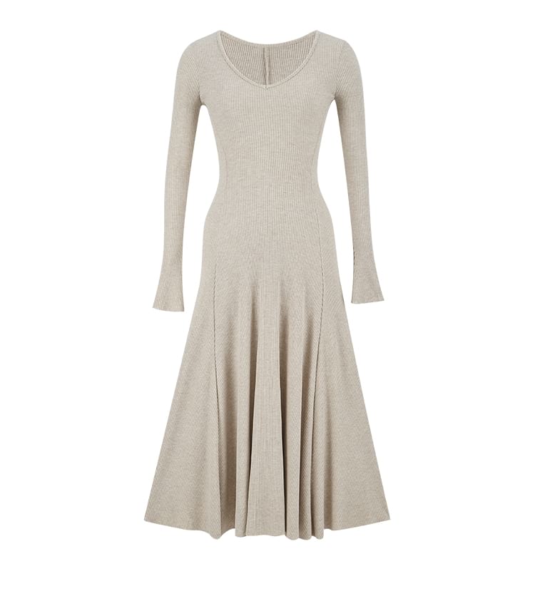 Long-Sleeve Crew Neck Plain Maxi A-Line Dress / Button-Up Cape