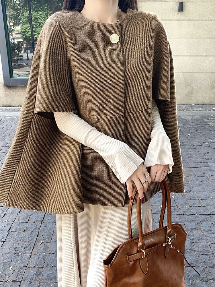 Long-Sleeve Crew Neck Plain Maxi A-Line Dress / Button-Up Cape