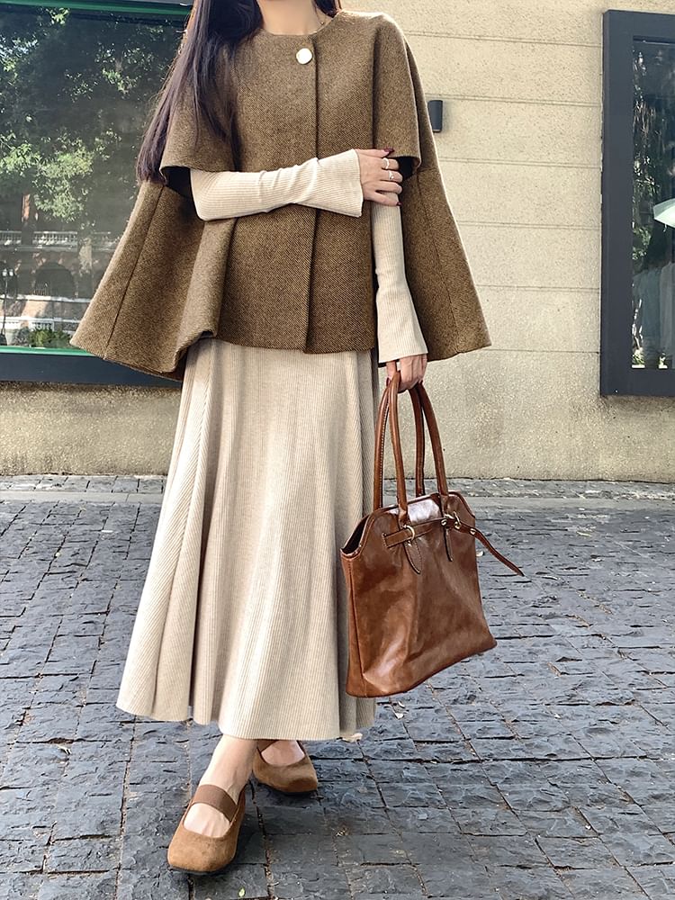Long-Sleeve Crew Neck Plain Maxi A-Line Dress / Button-Up Cape