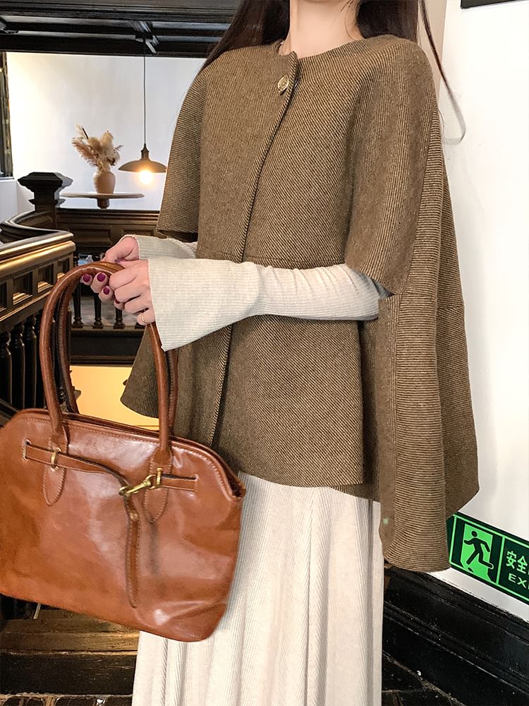 Long-Sleeve Crew Neck Plain Maxi A-Line Dress / Button-Up Cape