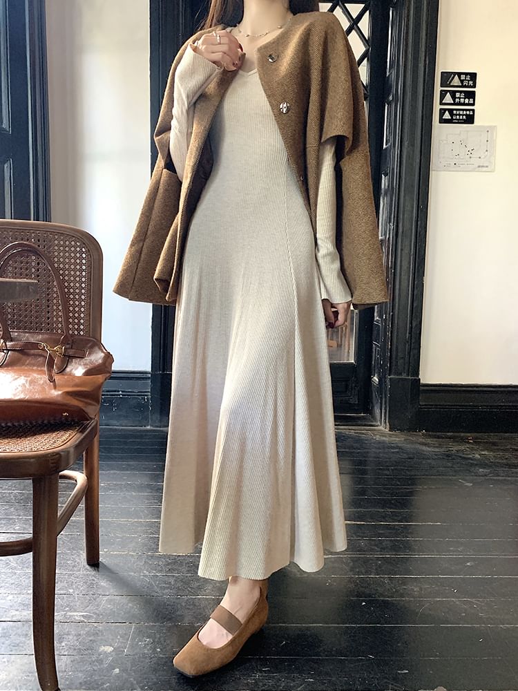 Long-Sleeve Crew Neck Plain Maxi A-Line Dress / Button-Up Cape