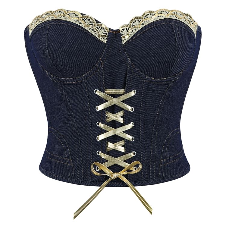 Sequin Panel Denim Bustier Top with Lace Up Front