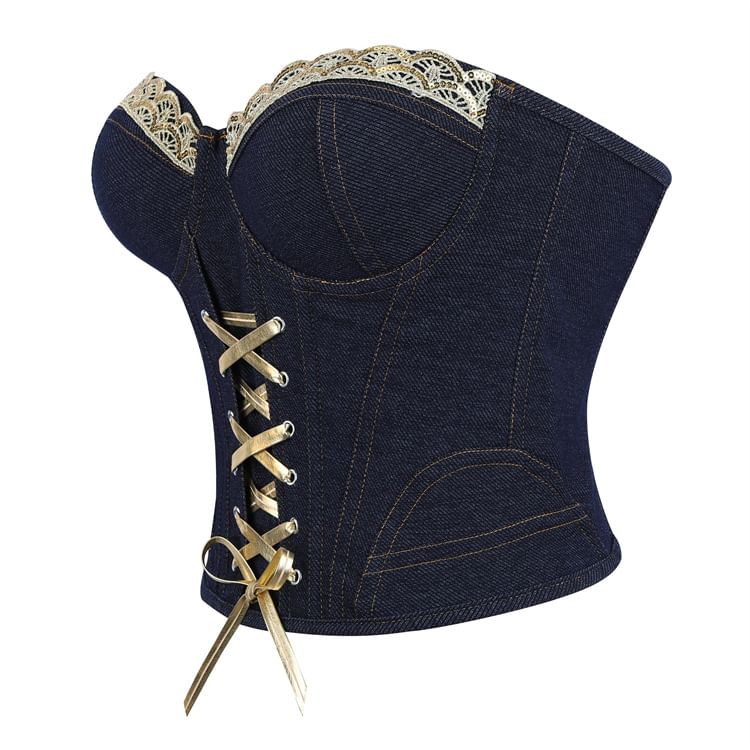 Sequin Panel Denim Bustier Top with Lace Up Front