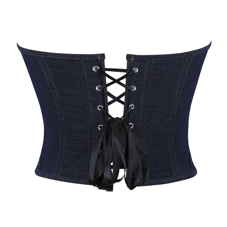 Sequin Panel Denim Bustier Top with Lace Up Front