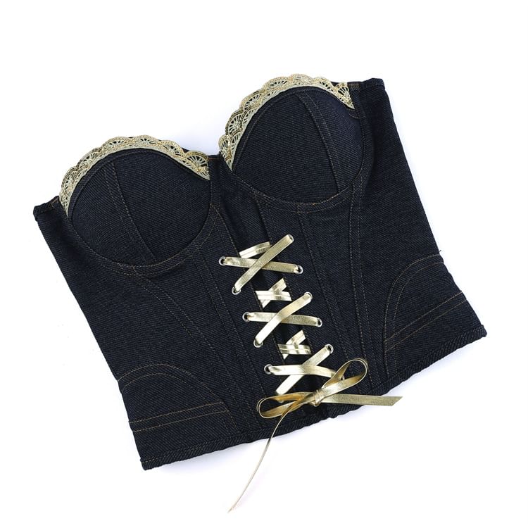 Sequin Panel Denim Bustier Top with Lace Up Front
