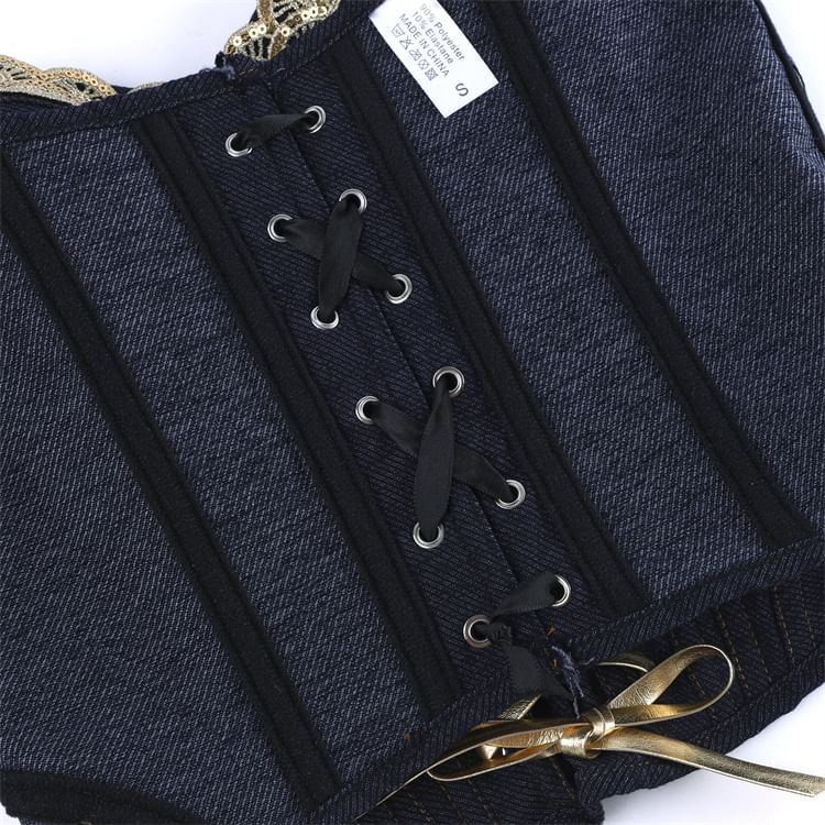 Sequin Panel Denim Bustier Top with Lace Up Front