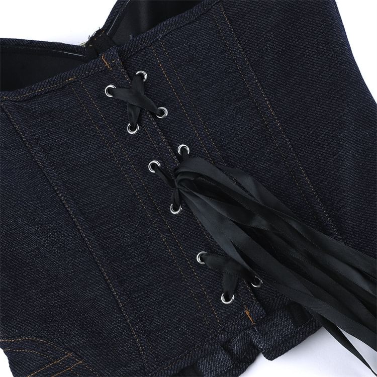 Sequin Panel Denim Bustier Top with Lace Up Front
