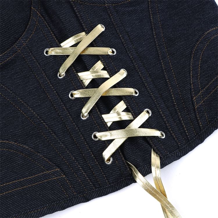 Sequin Panel Denim Bustier Top with Lace Up Front