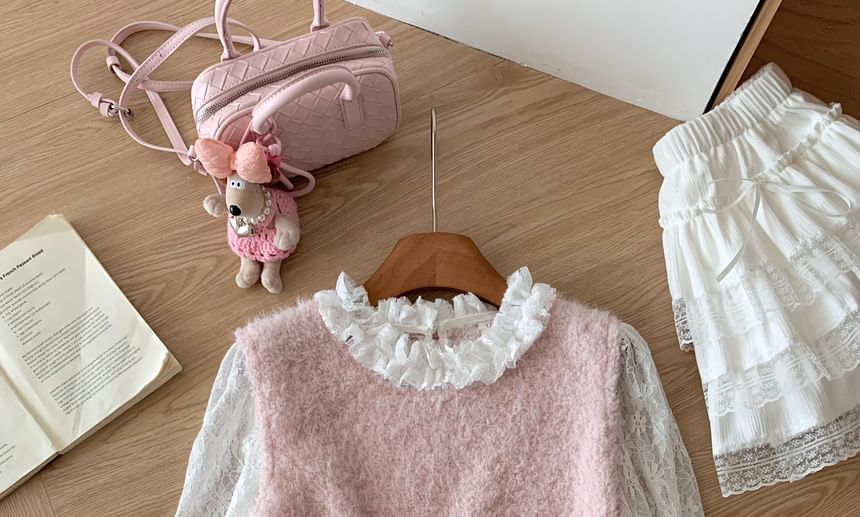 Round Neck Lace Top and Fluffy Sweater Vest Set
