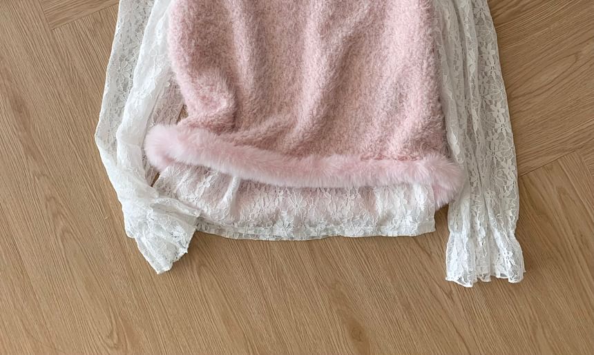Round Neck Lace Top and Fluffy Sweater Vest Set