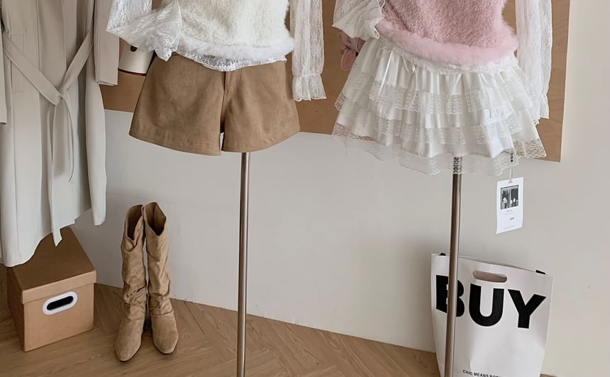 Round Neck Lace Top and Fluffy Sweater Vest Set