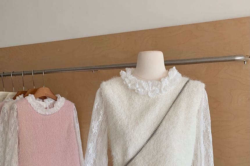 Round Neck Lace Top and Fluffy Sweater Vest Set