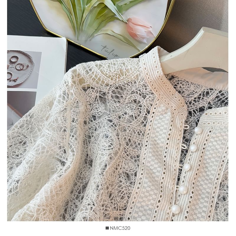 Puff Sleeve Lace Blouse with Button Front