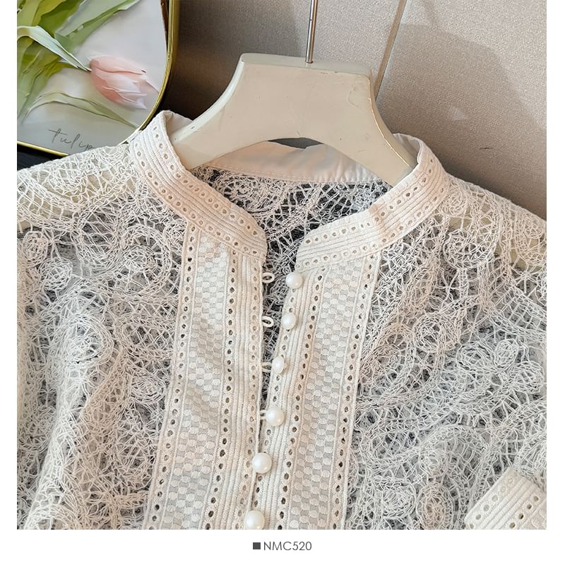 Puff Sleeve Lace Blouse with Button Front