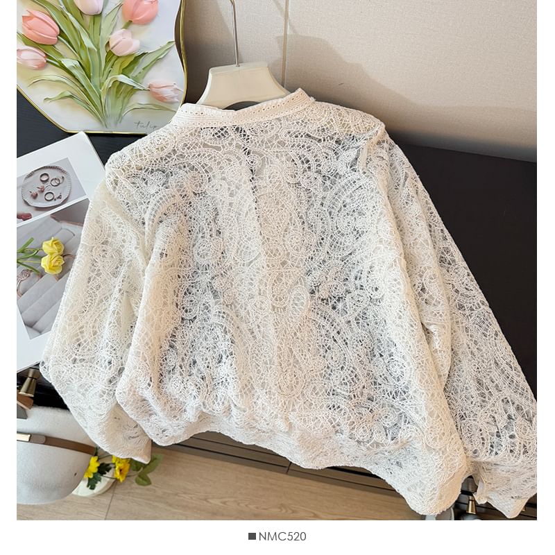 Puff Sleeve Lace Blouse with Button Front