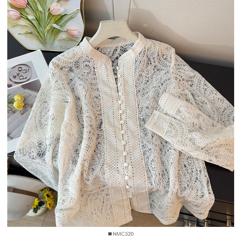 Puff Sleeve Lace Blouse with Button Front