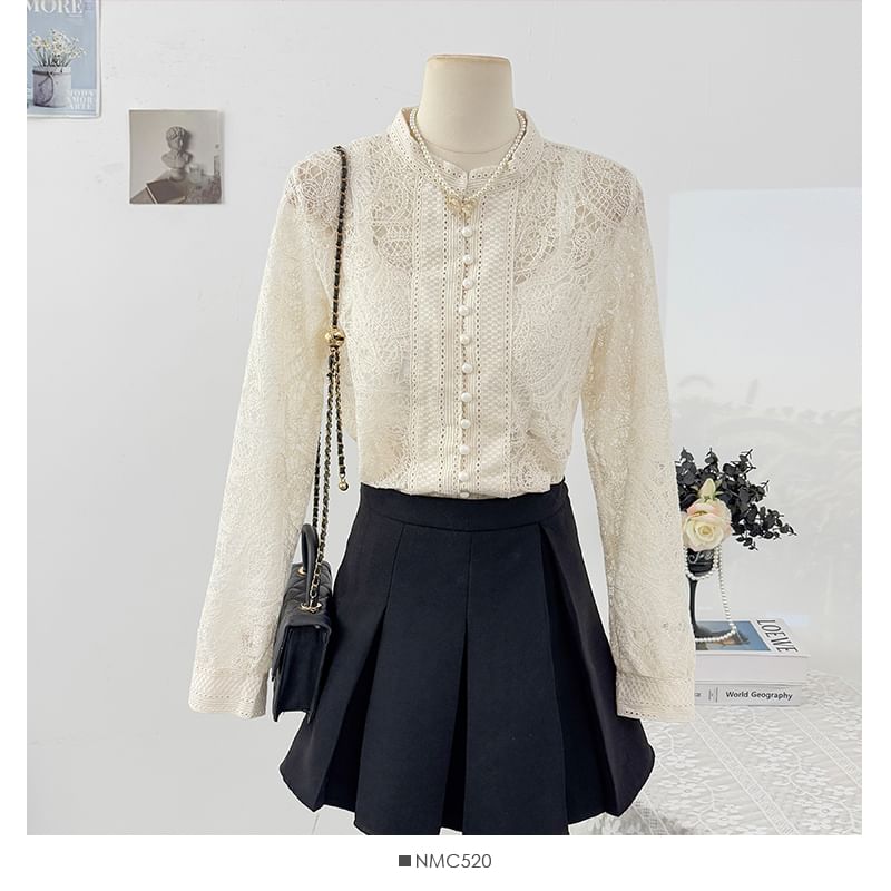 Puff Sleeve Lace Blouse with Button Front