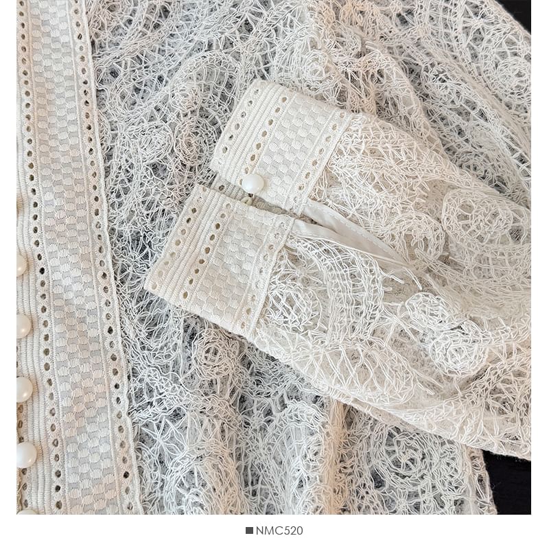 Puff Sleeve Lace Blouse with Button Front