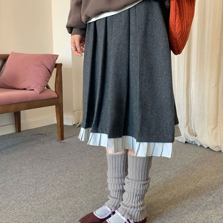 Two Tone Pleated Midi A-Line Skirt High Rise