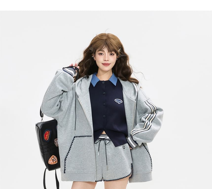 Striped Zip-Up Hoodie with Sweatshorts Set