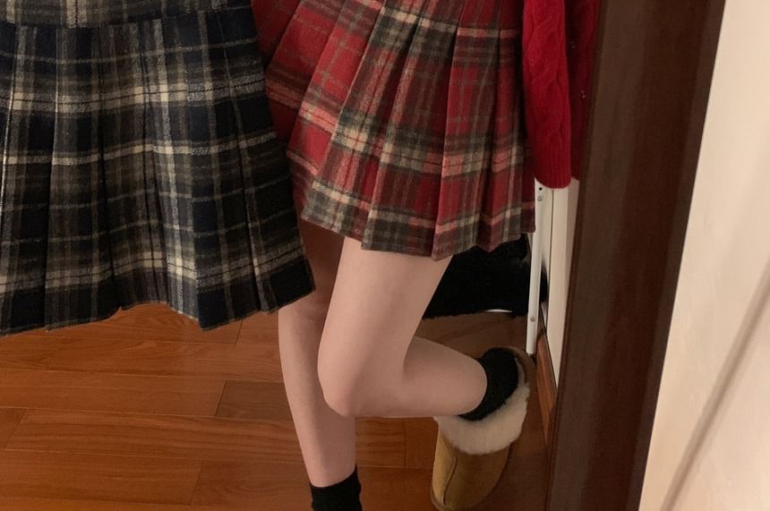 Pleated Plaid Mini A-Line Skirt High Waist