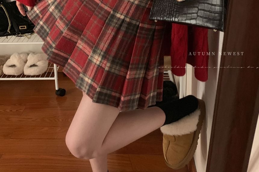 Pleated Plaid Mini A-Line Skirt High Waist