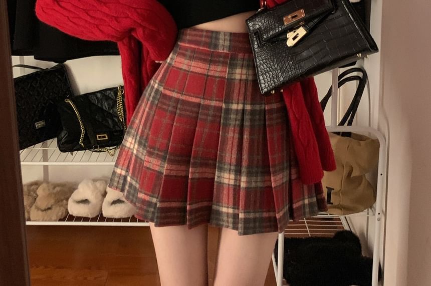 Pleated Plaid Mini A-Line Skirt High Waist