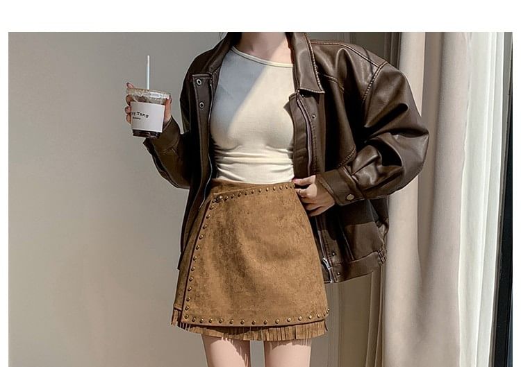 Studded Fringed Faux Suede Mini A-Line Skirt