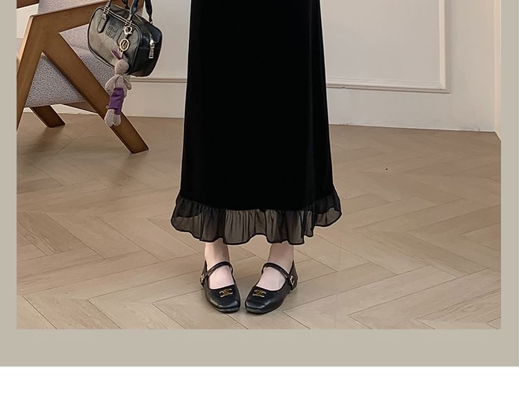 Ruffle Hem Velvet Midi Straight Skirt with Slit