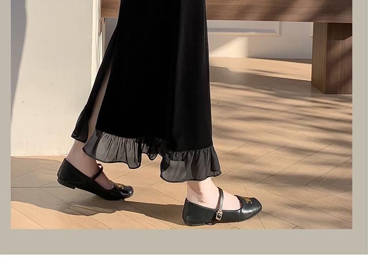 Ruffle Hem Velvet Midi Straight Skirt with Slit