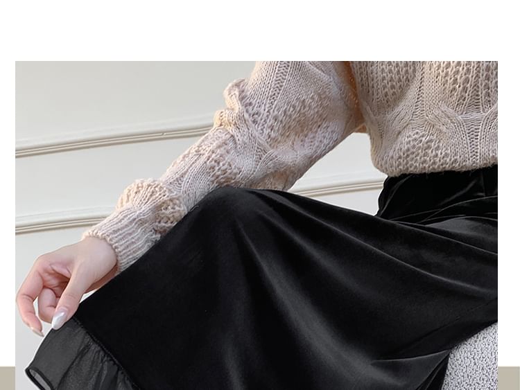 Ruffle Hem Velvet Midi Straight Skirt with Slit