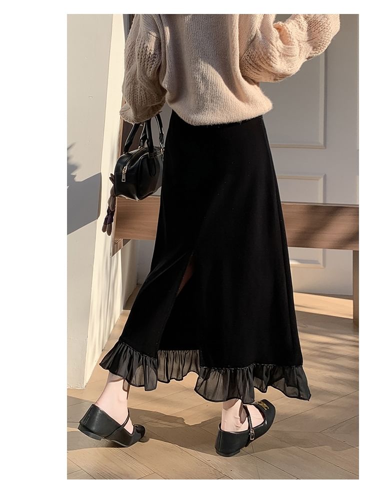 Ruffle Hem Velvet Midi Straight Skirt with Slit