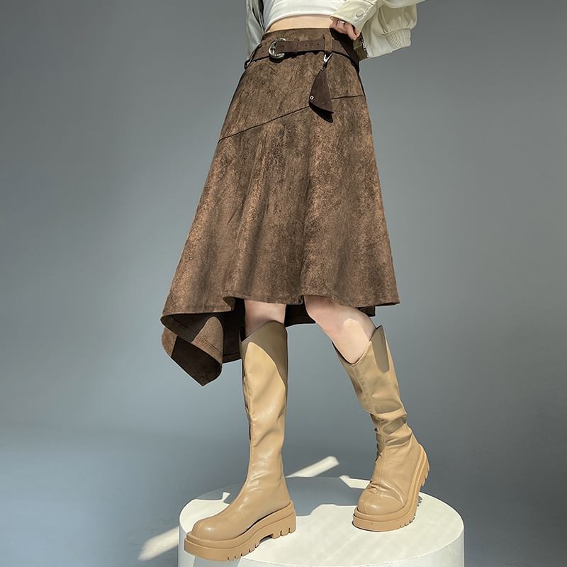 Asymmetrical Faux Suede A-Line Skirt High Rise