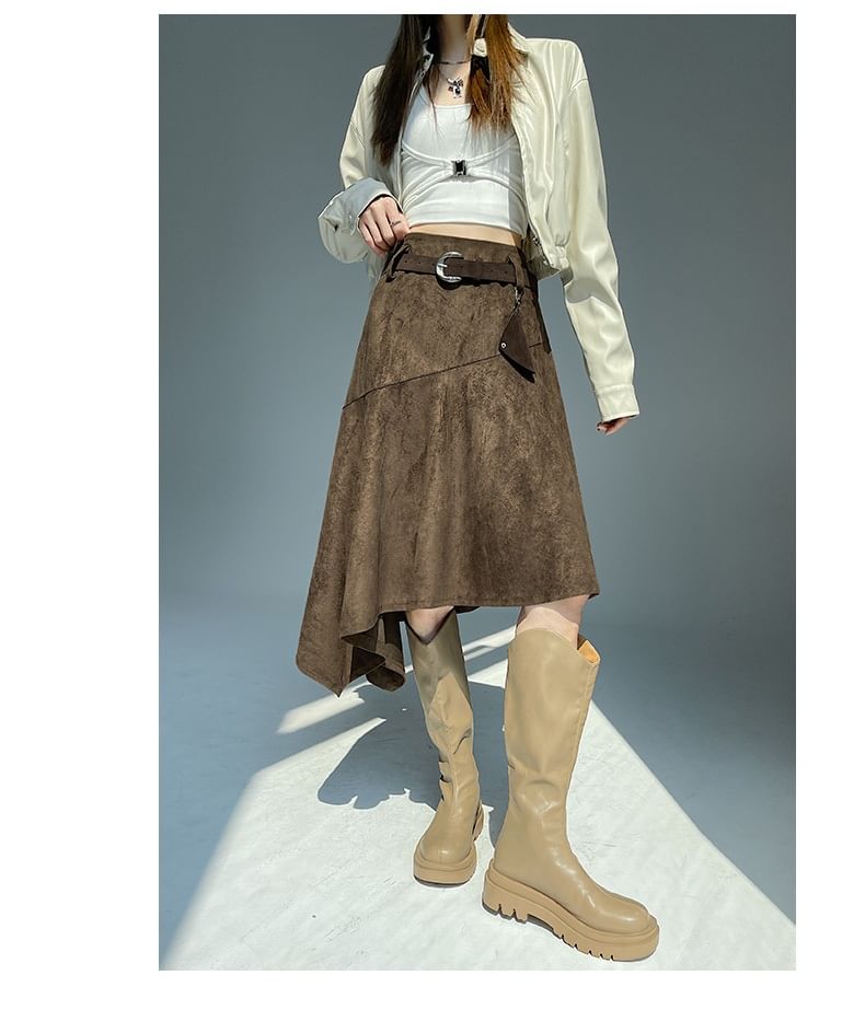 Asymmetrical Faux Suede A-Line Skirt High Rise