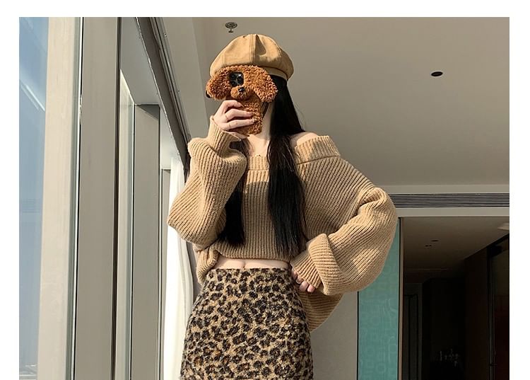 Leopard Print Fleece Mini Pencil Skirt Mid Rise