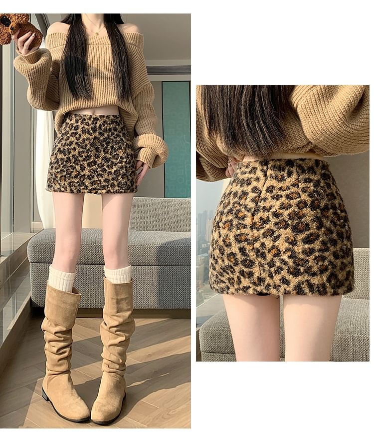 Leopard Print Fleece Mini Pencil Skirt Mid Rise