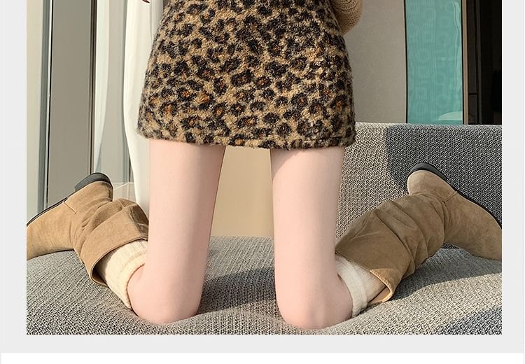 Leopard Print Fleece Mini Pencil Skirt Mid Rise