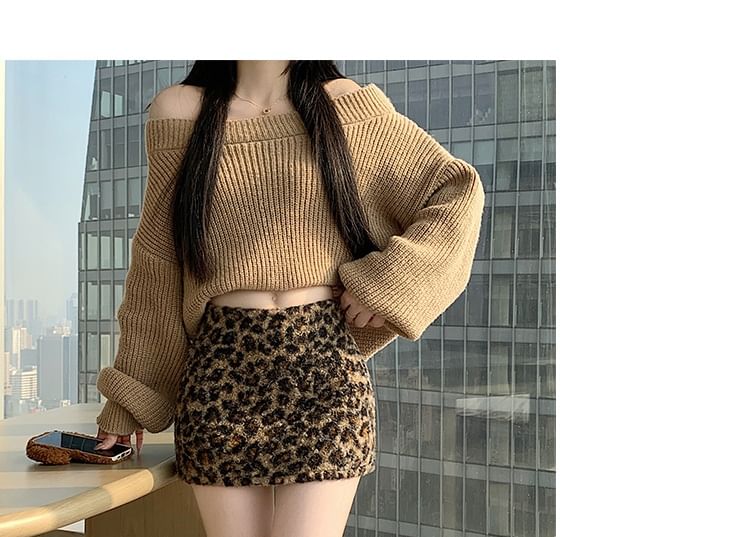 Leopard Print Fleece Mini Pencil Skirt Mid Rise
