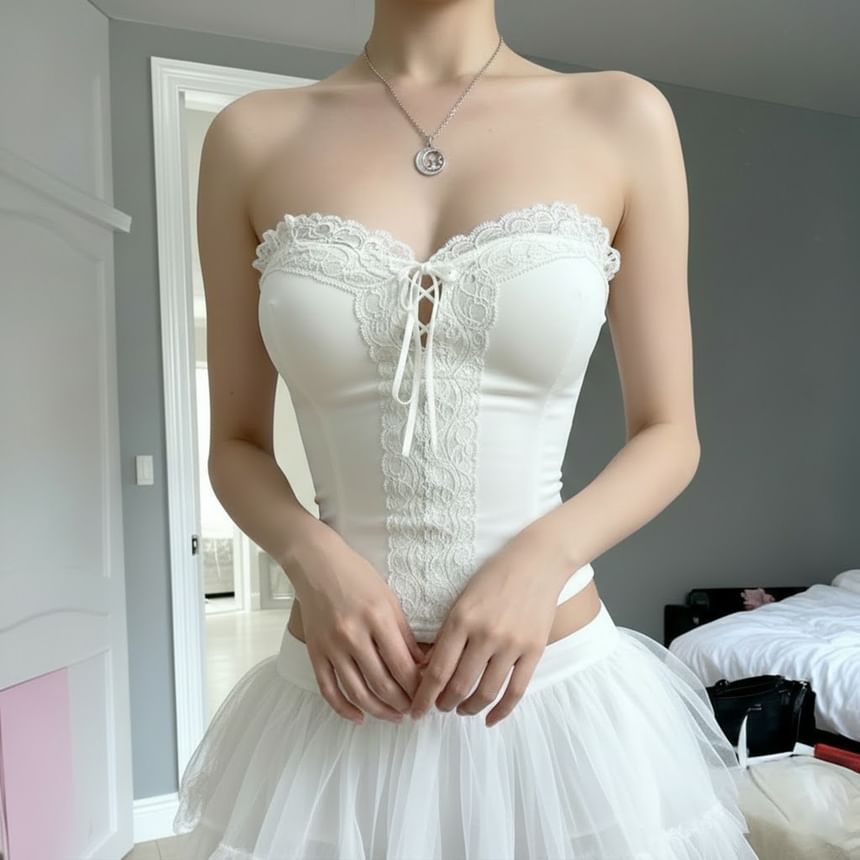 Lace Up Plain Tube Top with Trim Detail