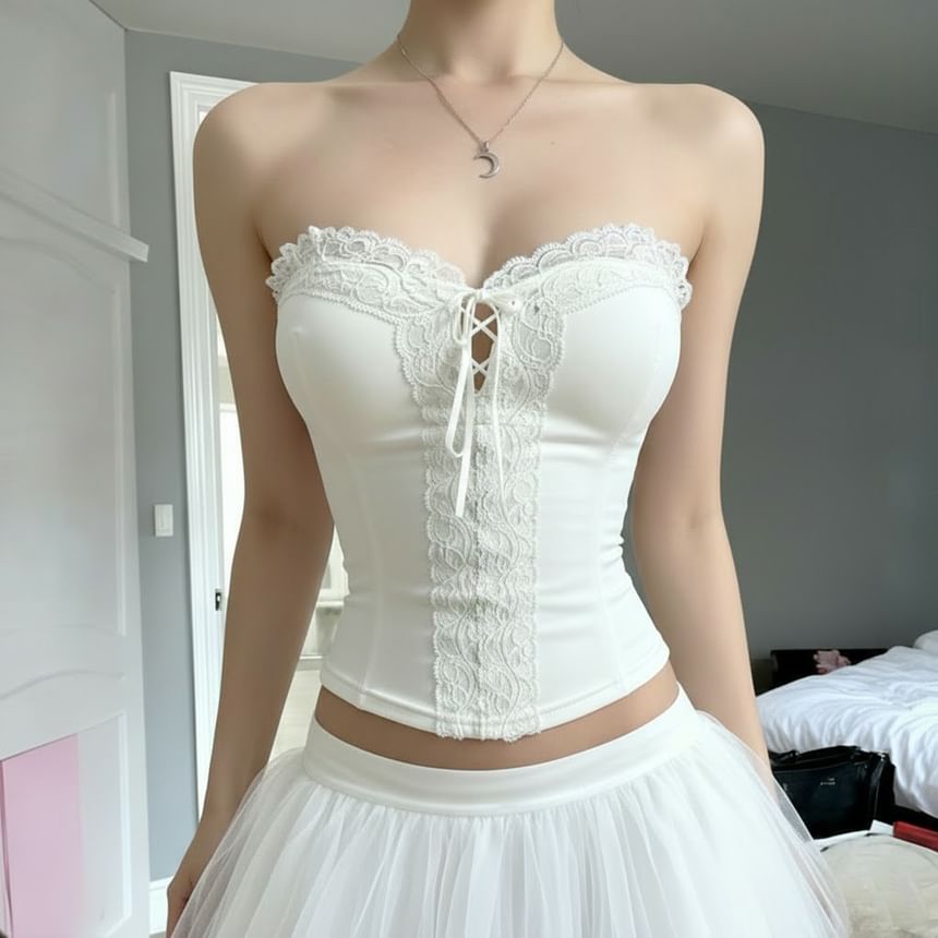 Lace Up Plain Tube Top with Trim Detail