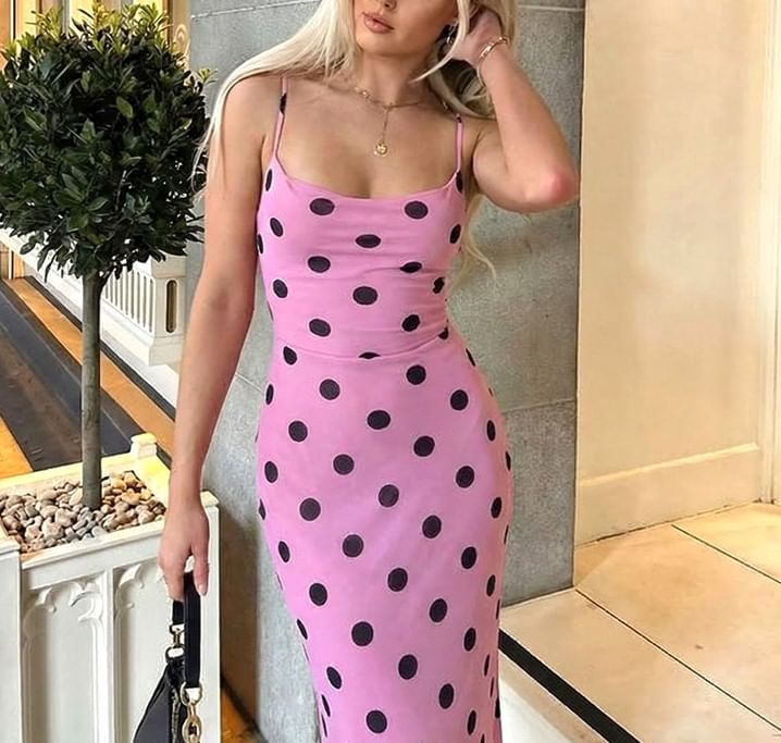 Spaghetti Strap Cowl Neck Dotted Open-Back Slim-Fit Maxi Dress