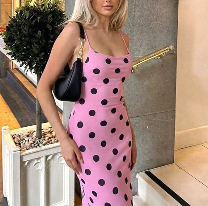 Spaghetti Strap Cowl Neck Dotted Open-Back Slim-Fit Maxi Dress