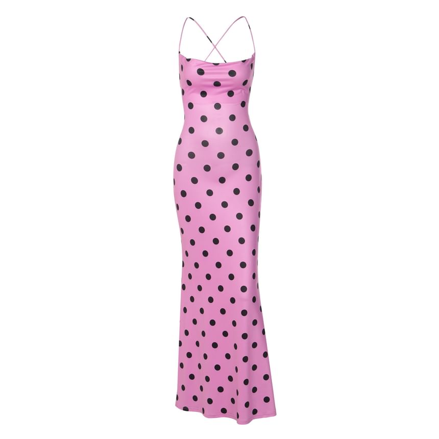 Spaghetti Strap Cowl Neck Dotted Open-Back Slim-Fit Maxi Dress