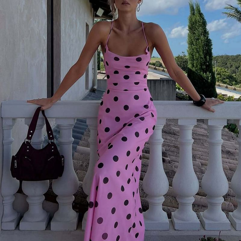 Spaghetti Strap Cowl Neck Dotted Open-Back Slim-Fit Maxi Dress