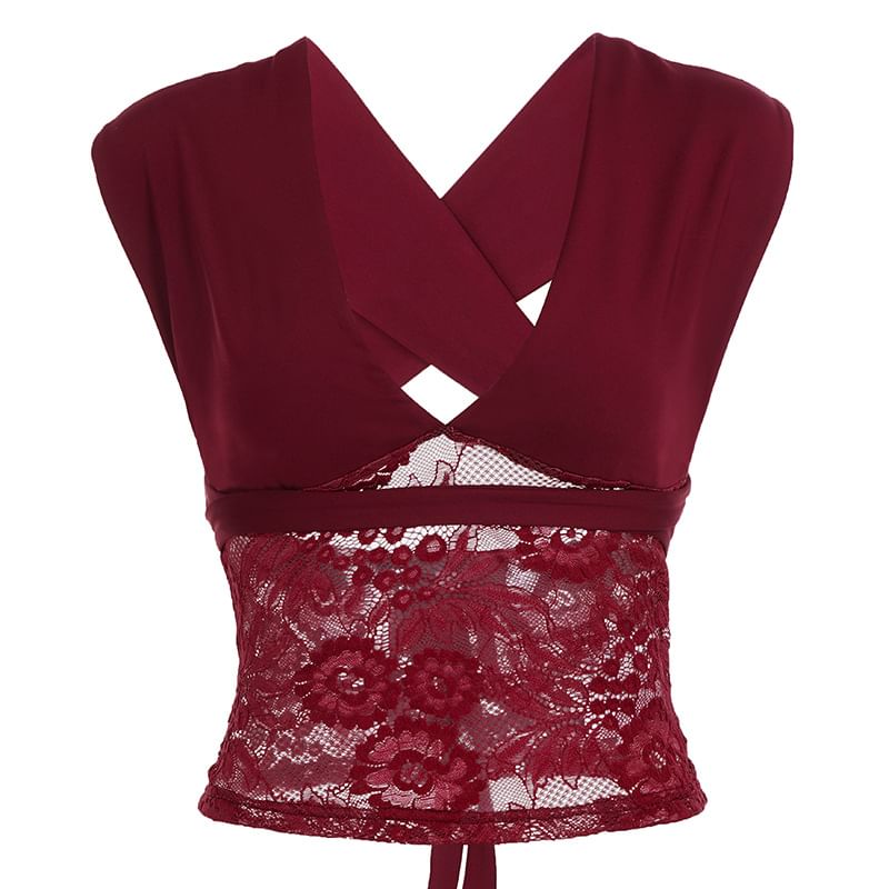 Slim Fit Halter Neck Lace Panel Crop Top