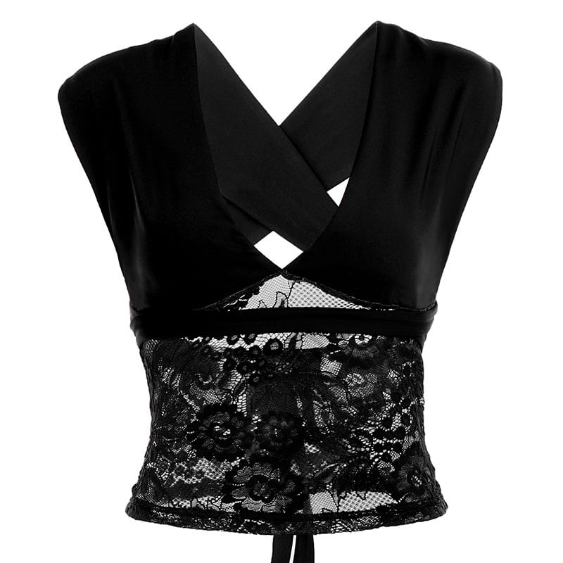 Slim Fit Halter Neck Lace Panel Crop Top