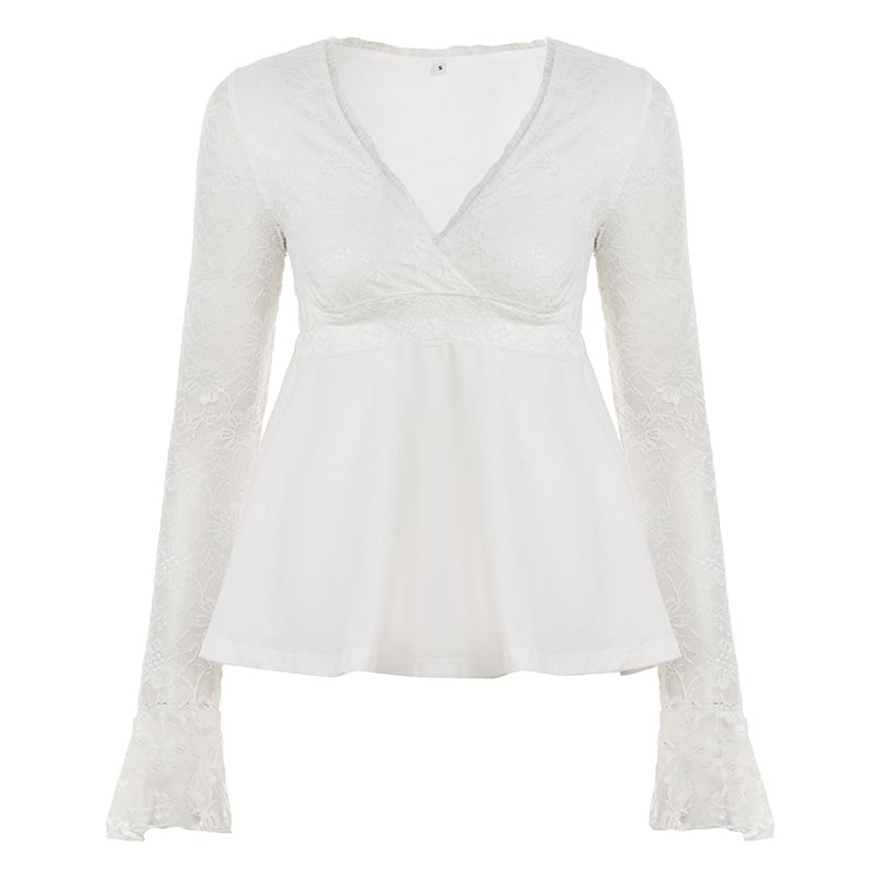 Ruffle Trim Bell Sleeve Lace A-Line Blouse