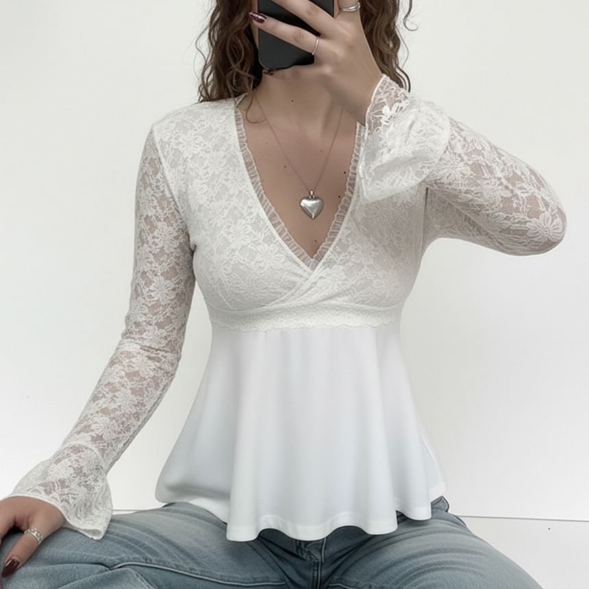 Ruffle Trim Bell Sleeve Lace A-Line Blouse
