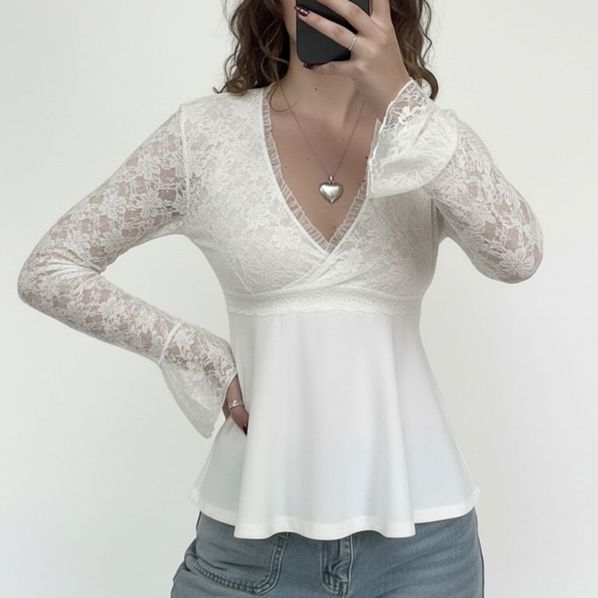 Ruffle Trim Bell Sleeve Lace A-Line Blouse