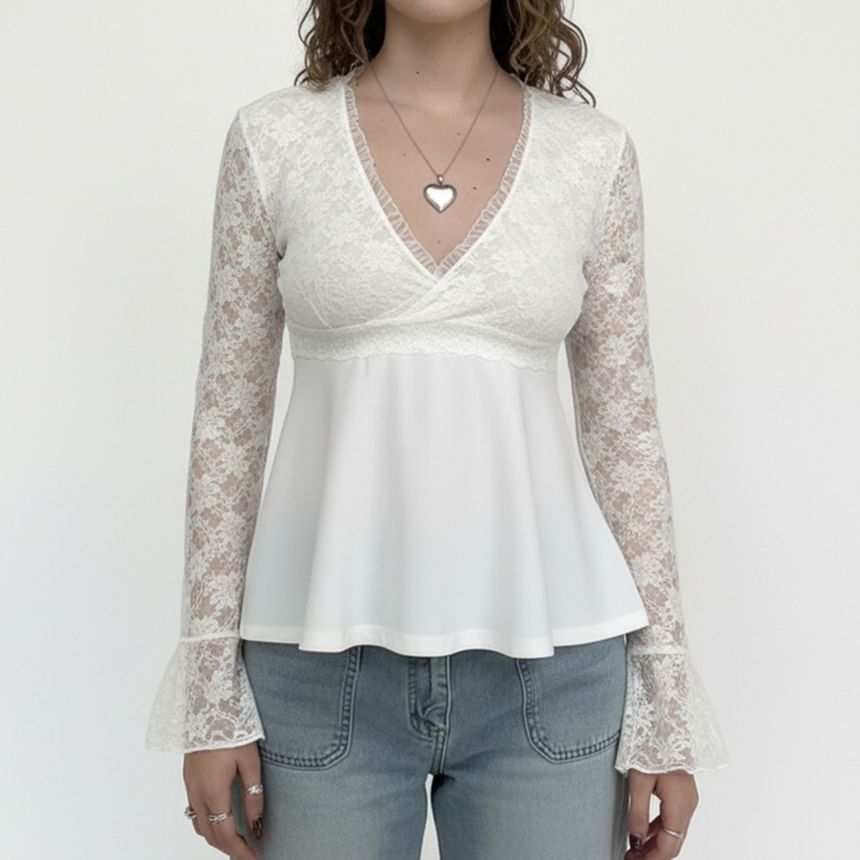 Ruffle Trim Bell Sleeve Lace A-Line Blouse